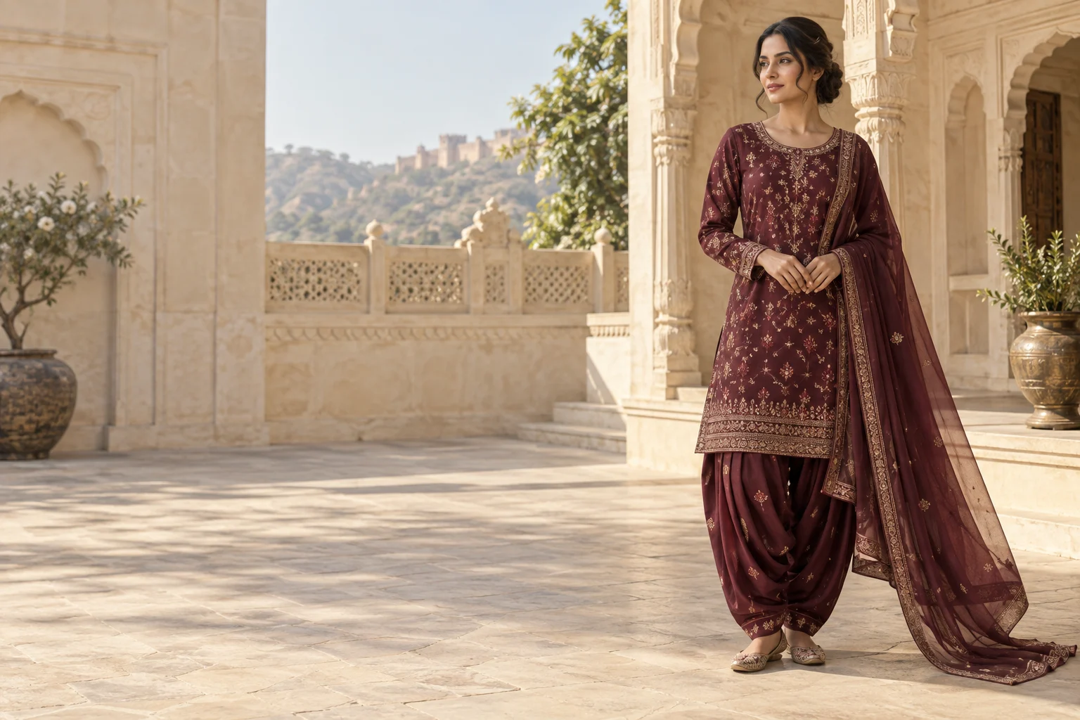 Punjabi suit inspiration: a wine-coloured embroidered salwar kameez and flowing dupatta in a sunlit courtyard